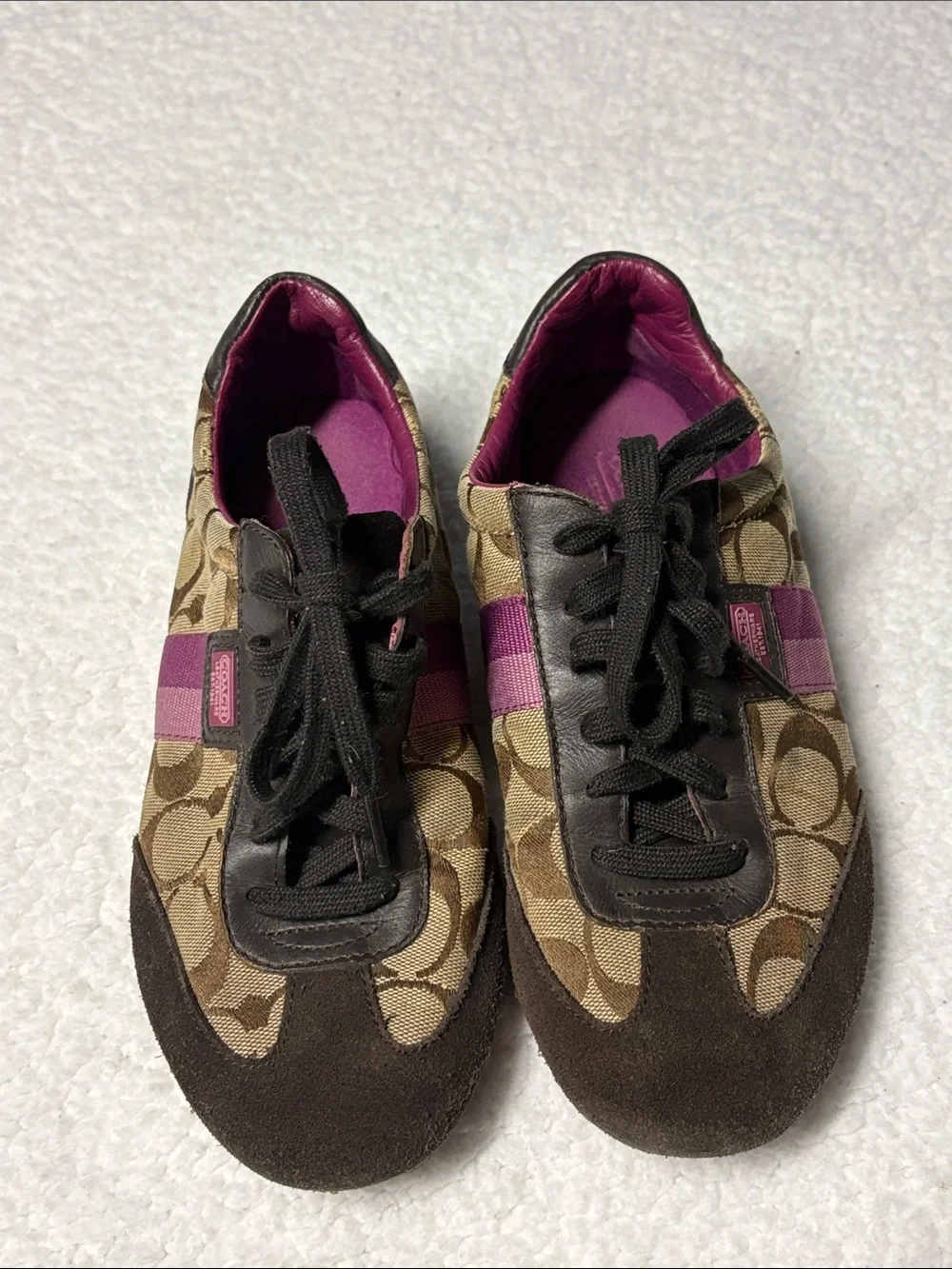 Coach 7.5 Joss Brown Signature Canvas Sneakers with Pink Trim